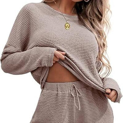 Ekouaer Womens Waffle Knit Pajama Sets Long Sleeve Top and Shorts Matching Lounge Set Loungewear Sweatsuit with Pockets Nightwear Comfort Fabric Womenswear Birthday Casual Cloud Comfy Elastic Fit