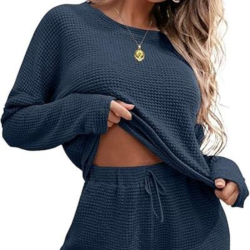 Ekouaer Womens Waffle Knit Pajama Sets Long Sleeve Top and Shorts Matching Lounge Set Loungewear Sweatsuit with Pockets Nightwear Comfort Fabric Womenswear Birthday Casual Cloud Comfy Elastic Fit