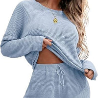 Ekouaer Womens Waffle Knit Pajama Sets Long Sleeve Top and Shorts Matching Lounge Set Loungewear Sweatsuit with Pockets Nightwear Comfort Fabric Womenswear Birthday Casual Cloud Comfy Elastic Fit