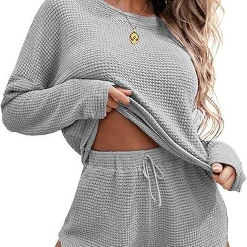 Ekouaer Womens Waffle Knit Pajama Sets Long Sleeve Top and Shorts Matching Lounge Set Loungewear Sweatsuit with Pockets Nightwear Comfort Fabric Womenswear Birthday Casual Cloud Comfy Elastic Fit