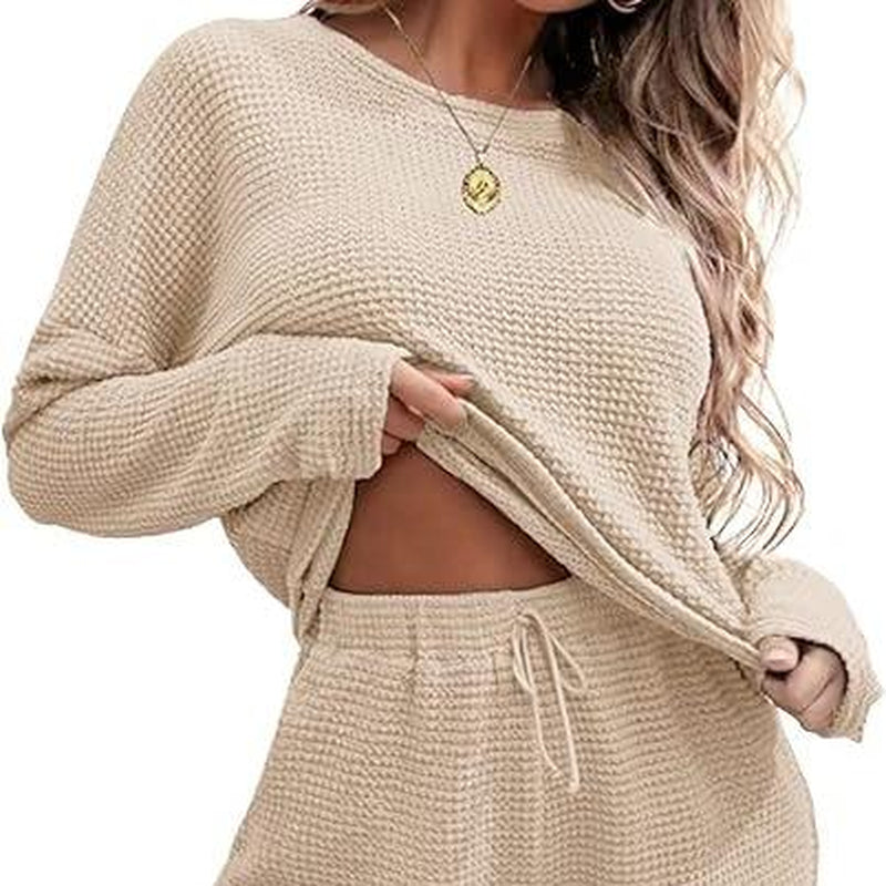 Ekouaer Womens Waffle Knit Pajama Sets Long Sleeve Top and Shorts Matching Lounge Set Loungewear Sweatsuit with Pockets Nightwear Comfort Fabric Womenswear Birthday Casual Cloud Comfy Elastic Fit