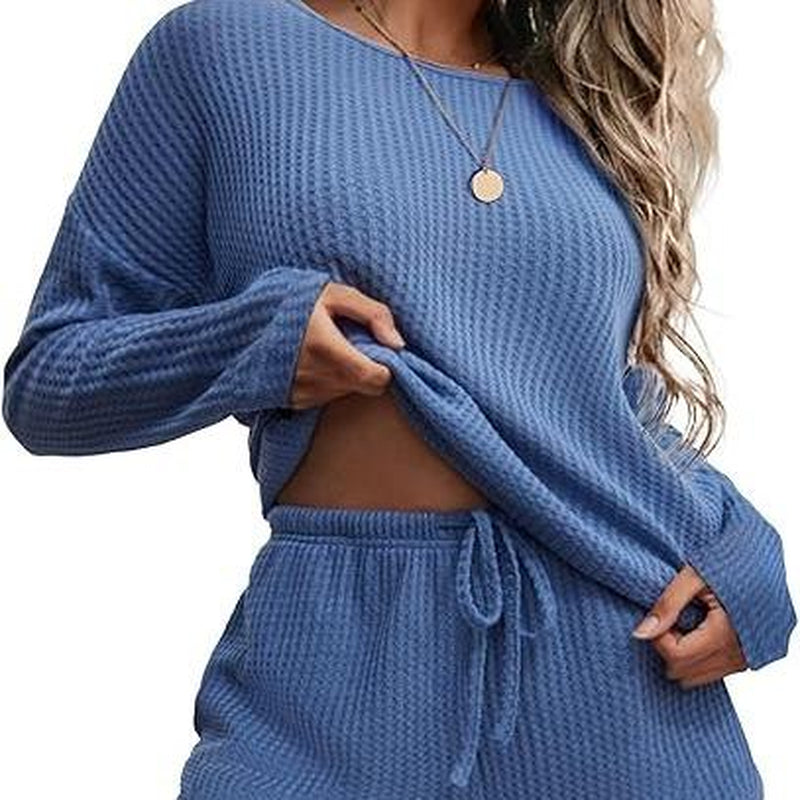Ekouaer Womens Waffle Knit Pajama Sets Long Sleeve Top and Shorts Matching Lounge Set Loungewear Sweatsuit with Pockets Nightwear Comfort Fabric Womenswear Birthday Casual Cloud Comfy Elastic Fit