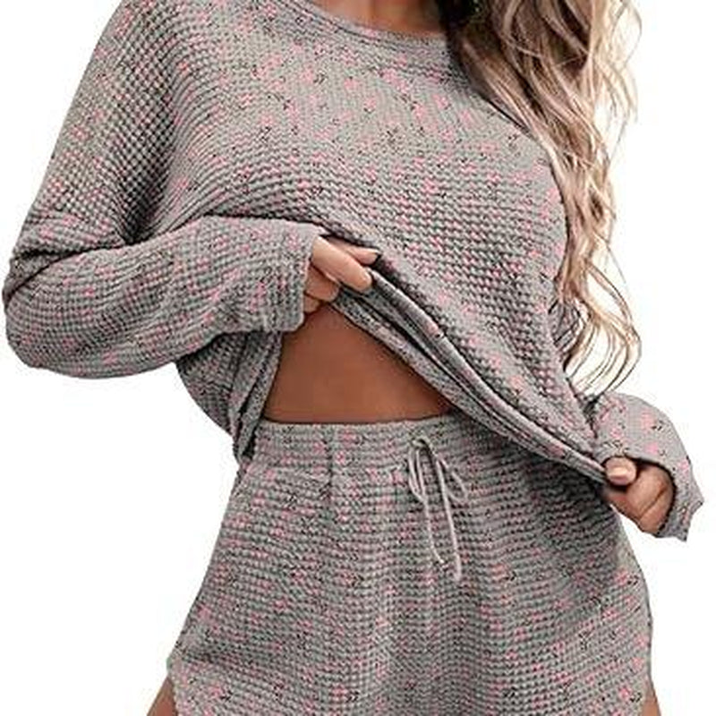 Ekouaer Womens Waffle Knit Pajama Sets Long Sleeve Top and Shorts Matching Lounge Set Loungewear Sweatsuit with Pockets Nightwear Comfort Fabric Womenswear Birthday Casual Cloud Comfy Elastic Fit