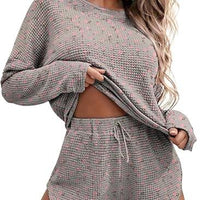 Ekouaer Womens Waffle Knit Pajama Sets Long Sleeve Top and Shorts Matching Lounge Set Loungewear Sweatsuit with Pockets Nightwear Comfort Fabric Womenswear Birthday Casual Cloud Comfy Elastic Fit