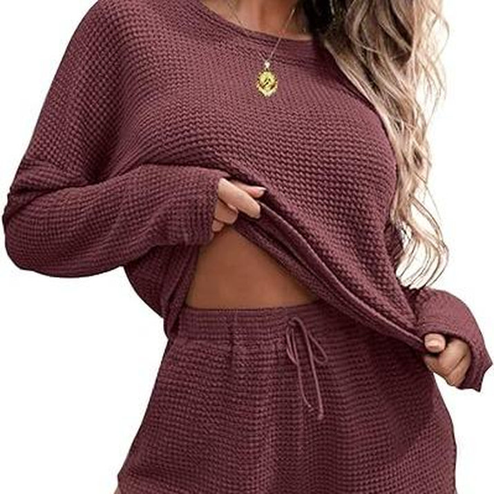 Ekouaer Womens Waffle Knit Pajama Sets Long Sleeve Top and Shorts Matching Lounge Set Loungewear Sweatsuit with Pockets Nightwear Comfort Fabric Womenswear Birthday Casual Cloud Comfy Elastic Fit