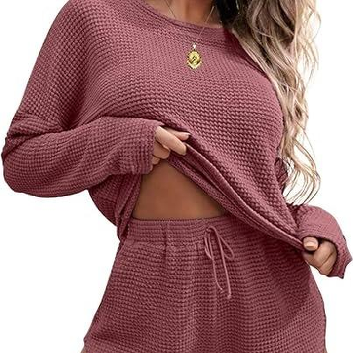 Ekouaer Womens Waffle Knit Pajama Sets Long Sleeve Top and Shorts Matching Lounge Set Loungewear Sweatsuit with Pockets Nightwear Comfort Fabric Womenswear Birthday Casual Cloud Comfy Elastic Fit