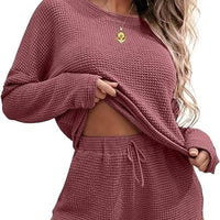 Ekouaer Womens Waffle Knit Pajama Sets Long Sleeve Top and Shorts Matching Lounge Set Loungewear Sweatsuit with Pockets Nightwear Comfort Fabric Womenswear Birthday Casual Cloud Comfy Elastic Fit