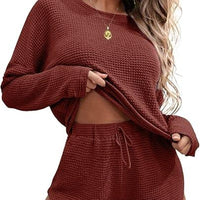 Ekouaer Womens Waffle Knit Pajama Sets Long Sleeve Top and Shorts Matching Lounge Set Loungewear Sweatsuit with Pockets Nightwear Comfort Fabric Womenswear Birthday Casual Cloud Comfy Elastic Fit