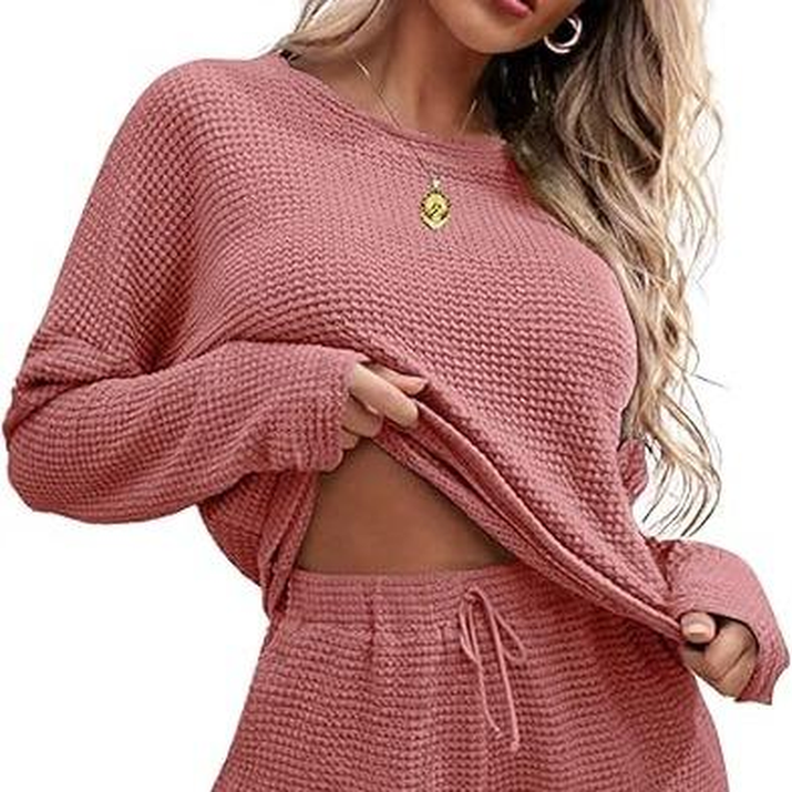 Ekouaer Womens Waffle Knit Pajama Sets Long Sleeve Top and Shorts Matching Lounge Set Loungewear Sweatsuit with Pockets Nightwear Comfort Fabric Womenswear Birthday Casual Cloud Comfy Elastic Fit