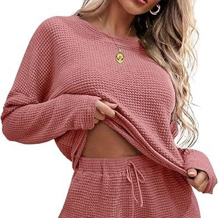 Ekouaer Womens Waffle Knit Pajama Sets Long Sleeve Top and Shorts Matching Lounge Set Loungewear Sweatsuit with Pockets Nightwear Comfort Fabric Womenswear Birthday Casual Cloud Comfy Elastic Fit
