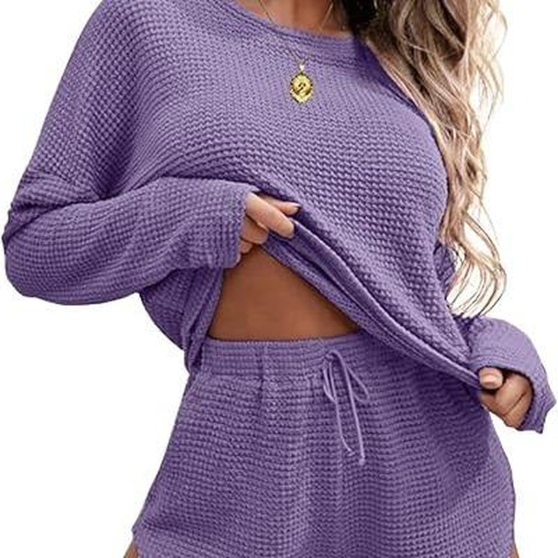 Ekouaer Womens Waffle Knit Pajama Sets Long Sleeve Top and Shorts Matching Lounge Set Loungewear Sweatsuit with Pockets Nightwear Comfort Fabric Womenswear Birthday Casual Cloud Comfy Elastic Fit