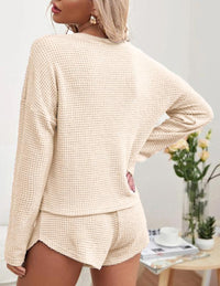 Ekouaer Womens Waffle Knit Pajama Sets Long Sleeve Top and Shorts Matching Lounge Set Loungewear Sweatsuit with Pockets Nightwear Comfort Fabric Womenswear Birthday Casual Cloud Comfy Elastic Fit