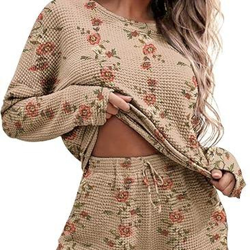 Ekouaer Womens Waffle Knit Pajama Sets Long Sleeve Top and Shorts Matching Lounge Set Loungewear Sweatsuit with Pockets Nightwear Comfort Fabric Womenswear Birthday Casual Cloud Comfy Elastic Fit