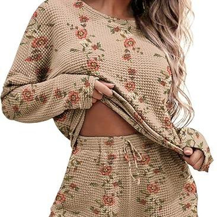 Ekouaer Womens Waffle Knit Pajama Sets Long Sleeve Top and Shorts Matching Lounge Set Loungewear Sweatsuit with Pockets Nightwear Comfort Fabric Womenswear Birthday Casual Cloud Comfy Elastic Fit