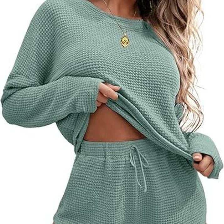 Ekouaer Womens Waffle Knit Pajama Sets Long Sleeve Top and Shorts Matching Lounge Set Loungewear Sweatsuit with Pockets Nightwear Comfort Fabric Womenswear Birthday Casual Cloud Comfy Elastic Fit