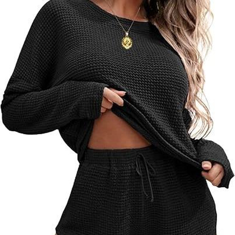 Ekouaer Womens Waffle Knit Pajama Sets Long Sleeve Top and Shorts Matching Lounge Set Loungewear Sweatsuit with Pockets Nightwear Comfort Fabric Womenswear Birthday Casual Cloud Comfy Elastic Fit