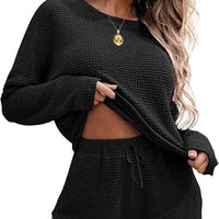 Ekouaer Womens Waffle Knit Pajama Sets Long Sleeve Top and Shorts Matching Lounge Set Loungewear Sweatsuit with Pockets Nightwear Comfort Fabric Womenswear Birthday Casual Cloud Comfy Elastic Fit