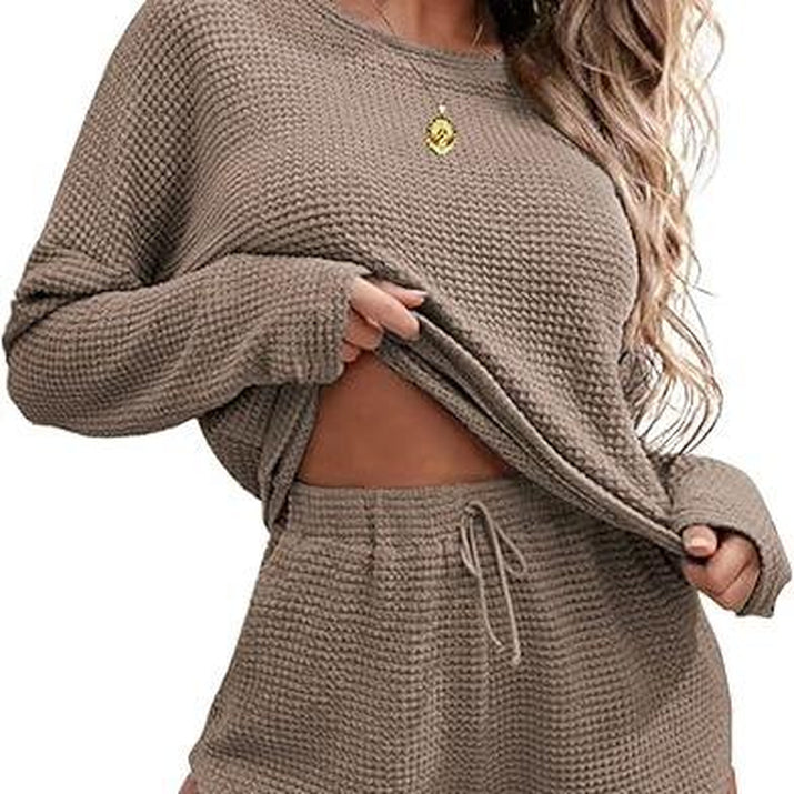 Ekouaer Womens Waffle Knit Pajama Sets Long Sleeve Top and Shorts Matching Lounge Set Loungewear Sweatsuit with Pockets Nightwear Comfort Fabric Womenswear Birthday Casual Cloud Comfy Elastic Fit